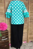 Southern Stitch Turquoise Polka Dot ruffle bell sleeve women top XCH17017(ES5)