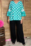 Southern Stitch Turquoise Polka Dot ruffle bell sleeve women top XCH17017(ES5)