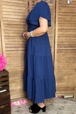 Southern Stitch Navy blue shirred square flattering maxi women dress XCH17018