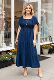 Southern Stitch Navy blue shirred square flattering maxi women dress XCH17018