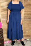 Southern Stitch Navy blue shirred square flattering maxi women dress XCH17018