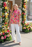Trendy tropical patterns printed puff short sleeve women's boutique top GJQ16237 CS3