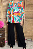 Multi Color tropical foliage printed 3/4 sleeves pleats front women blouse BQ16316