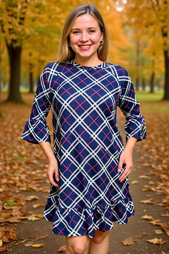 Navy blue & purple plaid printed 3/4 sleeve ruffle women dress GJQ12130 Gfoor