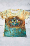 Girls boutique clothing wholesale cross & sunflower print short sleeve girls t-shirt DLH0923-07