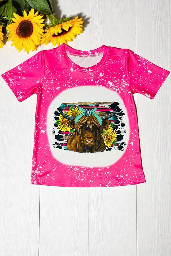 Western t-shirt wholesale Bleached hot pink cow w/sunflowers short sleeve shirt DLH1224-02