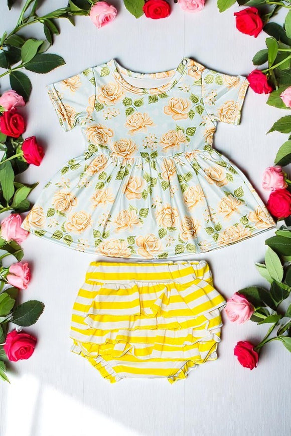 Shop baby clothes Floral baby doll top w/yellow striped bloomer set DLH1215-22