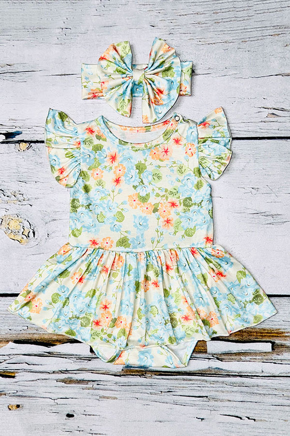 Light blue & peach floral print baby onesie w/matching headband DLH1224-07 (A13S2)