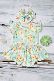 Light blue & peach floral print baby onesie w/matching headband DLH1224-07 (A13S2)