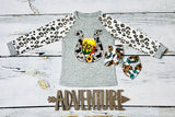 Western grey horse shoe sunset girl boutique t-shirt w/leopard sleeves DLH0824-23