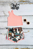 Western ranch pink one shoulder top shorts girls boutique set DLH2307