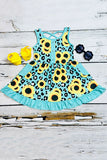 Western turquoise leopard & sunflower girl's boutique dress XCH0888-15H (A1S1)