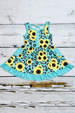 Western turquoise leopard & sunflower girl's boutique dress XCH0888-15H (A1S1)