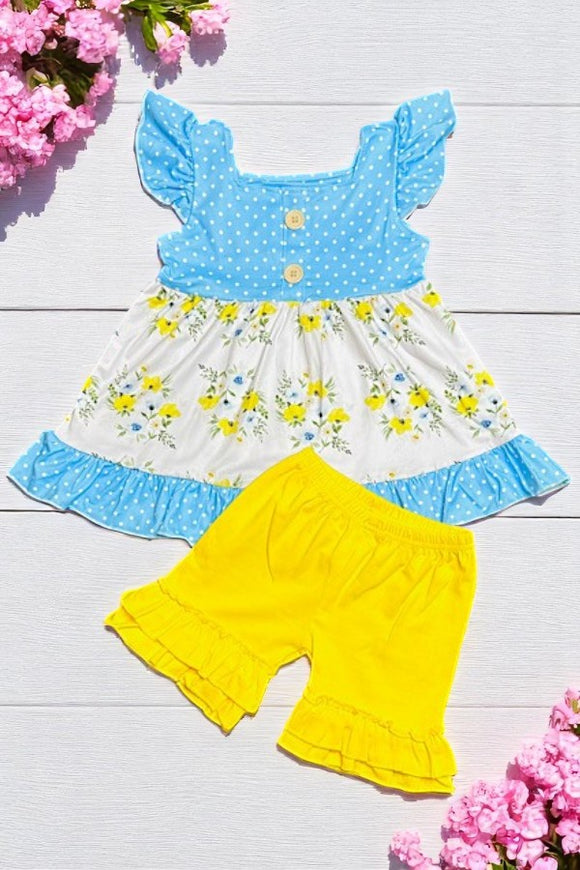 Children clothing suppliers Blue & yellow floral printed 2pcs girl set 1160WY (A3S5)