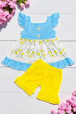 Children clothing suppliers Blue & yellow floral printed 2pcs girl set 1160WY (A3S5)