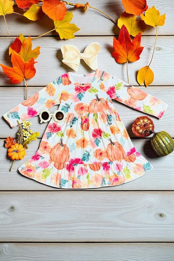Pumpkin & leaves long sleeve girls dress DLH2608 (A8S5)