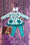 Hunter green trees & polka dots 2pc ruffle set XCH0015-24H A3S5
