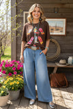 BQ14810 Sparkling rhinestone boots patterns brown short sleeve women top IS10