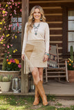 Fringe trim asymetrical hem faux suede women skirt DLH13596 IS13