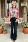 Women's t-shirt wholesale "DESERT VIBES" cactus printed short sleeve pink top XCH12443 CS7