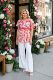 Trendy floral print bell short sleeve women's boutique blouse GJQ16280 CS5
