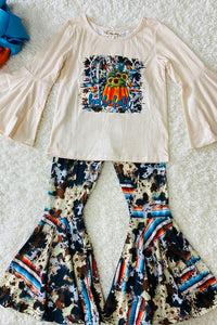 XCH0010-11H hello fall pumpkin beige top & bell bottoms Halloween girls sets