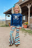 Western bull prints navy top aztec bell bottom girl's boutique set XCH0015-20H