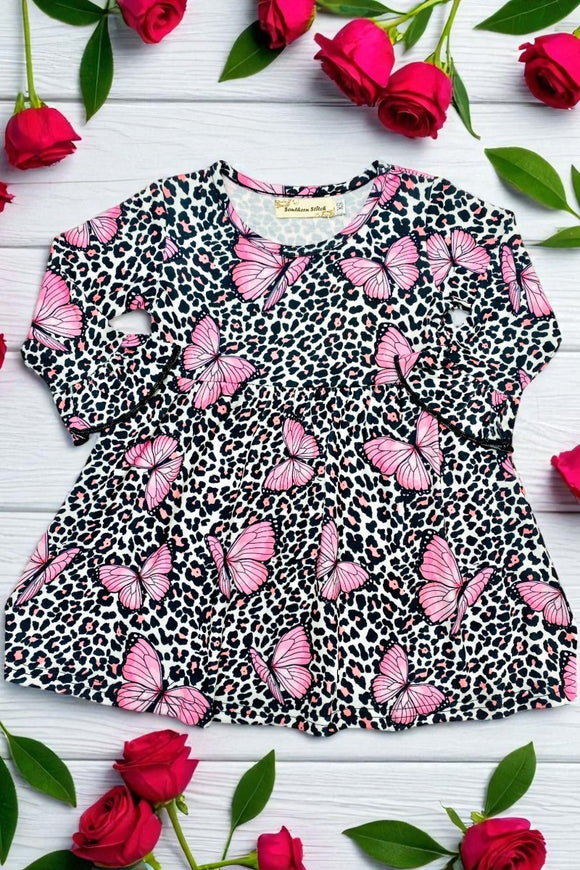 Butterflies & pink cheetah print girls dress XCH0016-2H (A2S8)