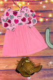 XCH0017-16H Girls hearts printed pink check long sleeve dress