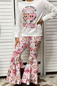 XCH0018-15H Kids "ALL YOU NEED IS LOVE A PIAAZ‘’ top hearts printed bell bottom 2pc sets