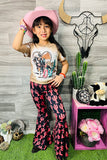 XCH0018-20H LOVE & Riding Printed top & cactus bell bottom 2pc girls sets
