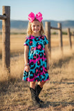 Western turquoise & pink leopard short sleeve girls boutique dress XCH0020-2H (A2S5)