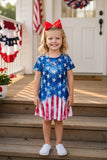 4th July half blue star & red striped short sleeve girls dress XCH0020-4H A9S4