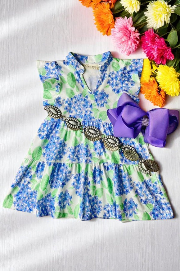 Shop kids clothing store online Green & blue floral printed flutter sleeves girls dress XCH03004