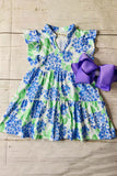 Shop kids clothing store online Green & blue floral printed flutter sleeves girls dress XCH03004