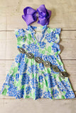 Shop kids clothing store online Green & blue floral printed flutter sleeves girls dress XCH03004