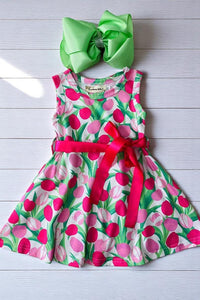 Girls dress wholesale online Floral prints sleeveless & pink belt toddler kids dress XCH03014