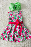 Girls dress wholesale online Floral prints sleeveless & pink belt toddler kids dress XCH03014