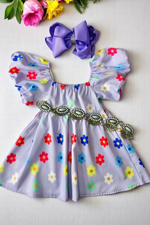 Girls dress wholesale Purple floral print puff short sleeve children's clothing store XCH03016