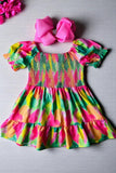 Girls dress wholesale suppliers Green & fuchsia prints & puff short sleeves XCH03020