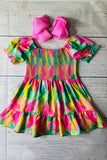 Girls dress wholesale suppliers Green & fuchsia prints & puff short sleeves XCH03020