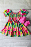 Girls dress wholesale suppliers Green & fuchsia prints & puff short sleeves XCH03020