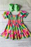 Girls dress wholesale suppliers Green & fuchsia prints & puff short sleeves XCH03020
