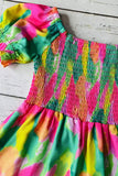 Girls dress wholesale suppliers Green & fuchsia prints & puff short sleeves XCH03020