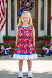 4th july girls dress USA flag & hearts printed & sleeveless & pockets w/lace trim XCH03026 A9S3