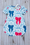 Southern Stitch blue & pink bows printed short sleeve girls dress XCH03046 A9S8