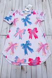 Southern Stitch pink blue bows printed short sleeve girls dress XCH03047 A1S2