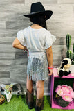 Little MISS SASSY PARTY top silver fringe skirt 2pc girls set XCH0333-16H (A4S1)