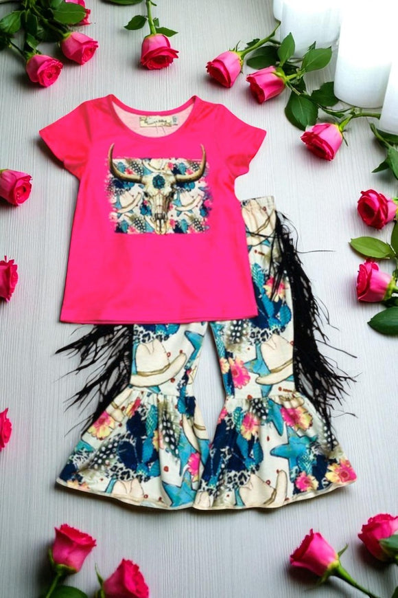 Hot pink bull skull printed top tessels bell bottom 2pc girls sets XCH0333-18H (A5S2)