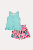 Tiffany blue top w/pink floral shorts girls boutique set XCH0333-2H (A5S6)